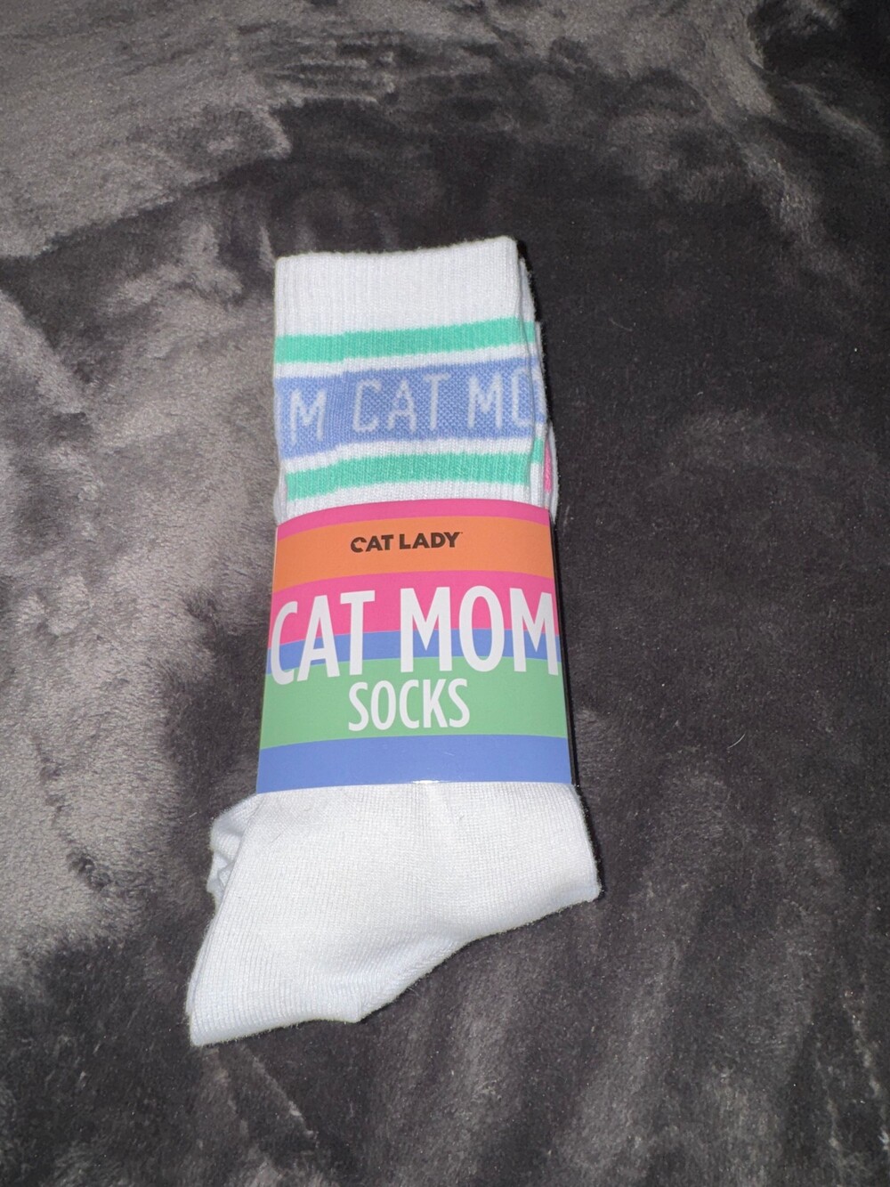 Cat Lady Cat Mom Socks One Size White Crew Socks with Green and Blue Stripes